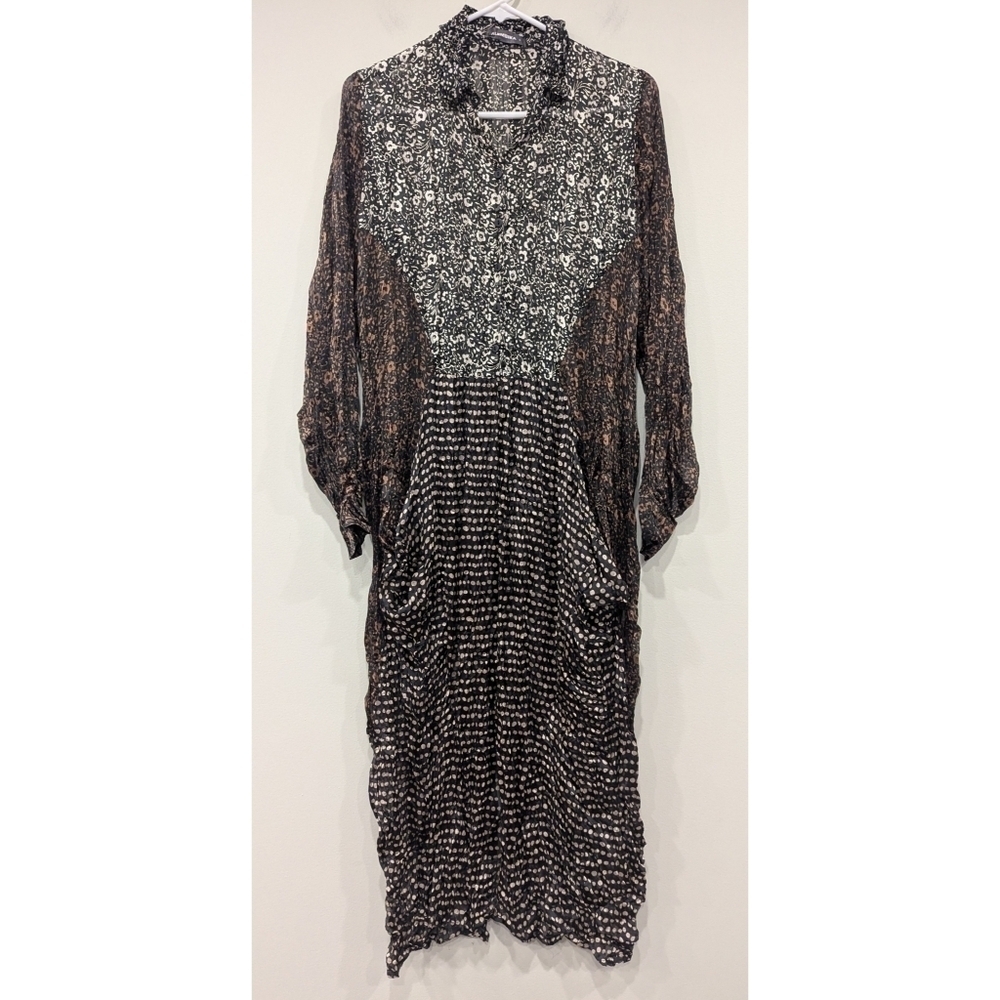 Alembika Black Brown Multi Print Sheer Button Front Pocket Dress Small